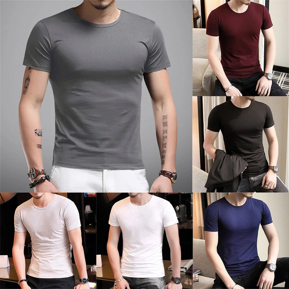 Men's Short Sleeve Round Neck Slim Fit T Shirt Base Layer Undershirt Top