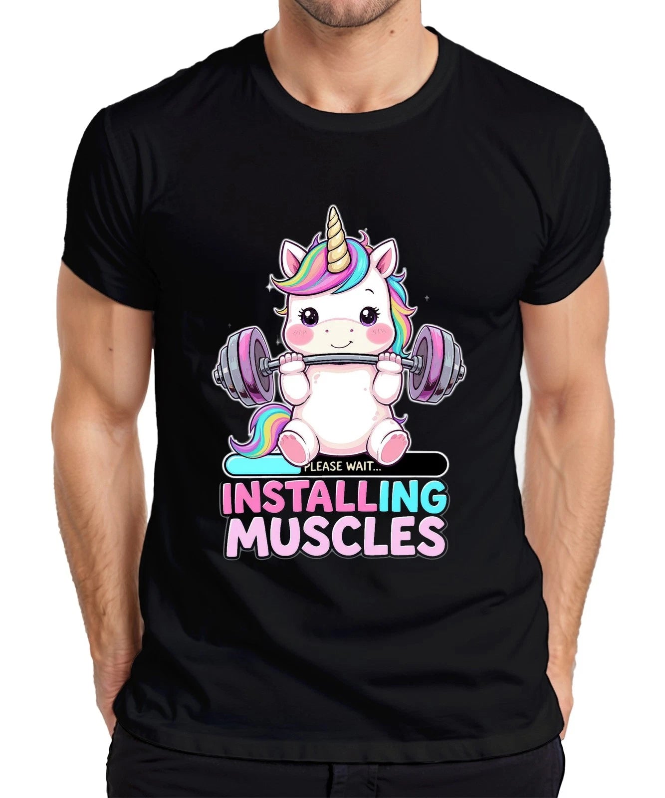 Please Wait Installing Muscles Unicorn Dumbbell Fitness Funny Mens T-Shirt