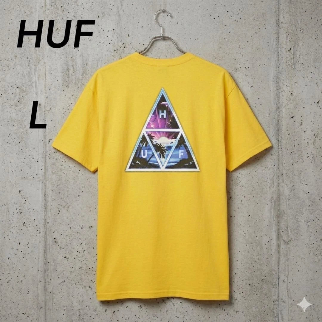 Huf T-Shirt Yellow Size L Back Triangle Print Streetwear Used