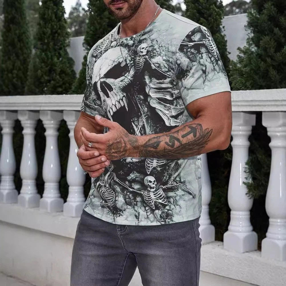 Loose Fit Men's Skull Print T Shirt Polyester Breathable Everyday Wear
