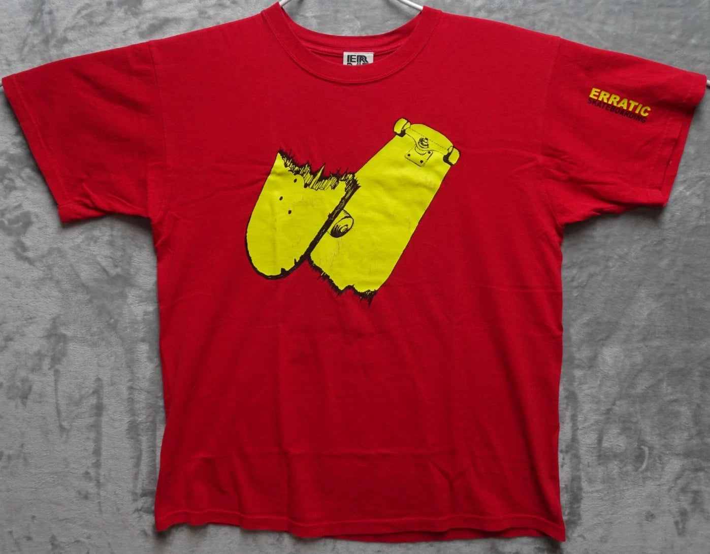 Erratic Skateboarding red t shirt Large yellow board graphic indie skate brand