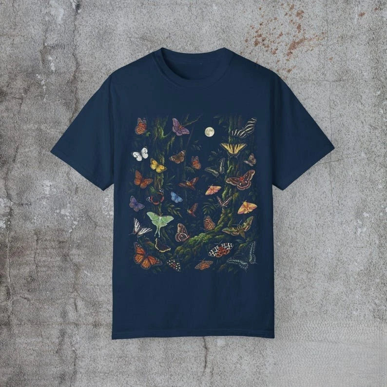Vintage Butterfly Forest Moon Nature Aesthetic Graphic T shirt