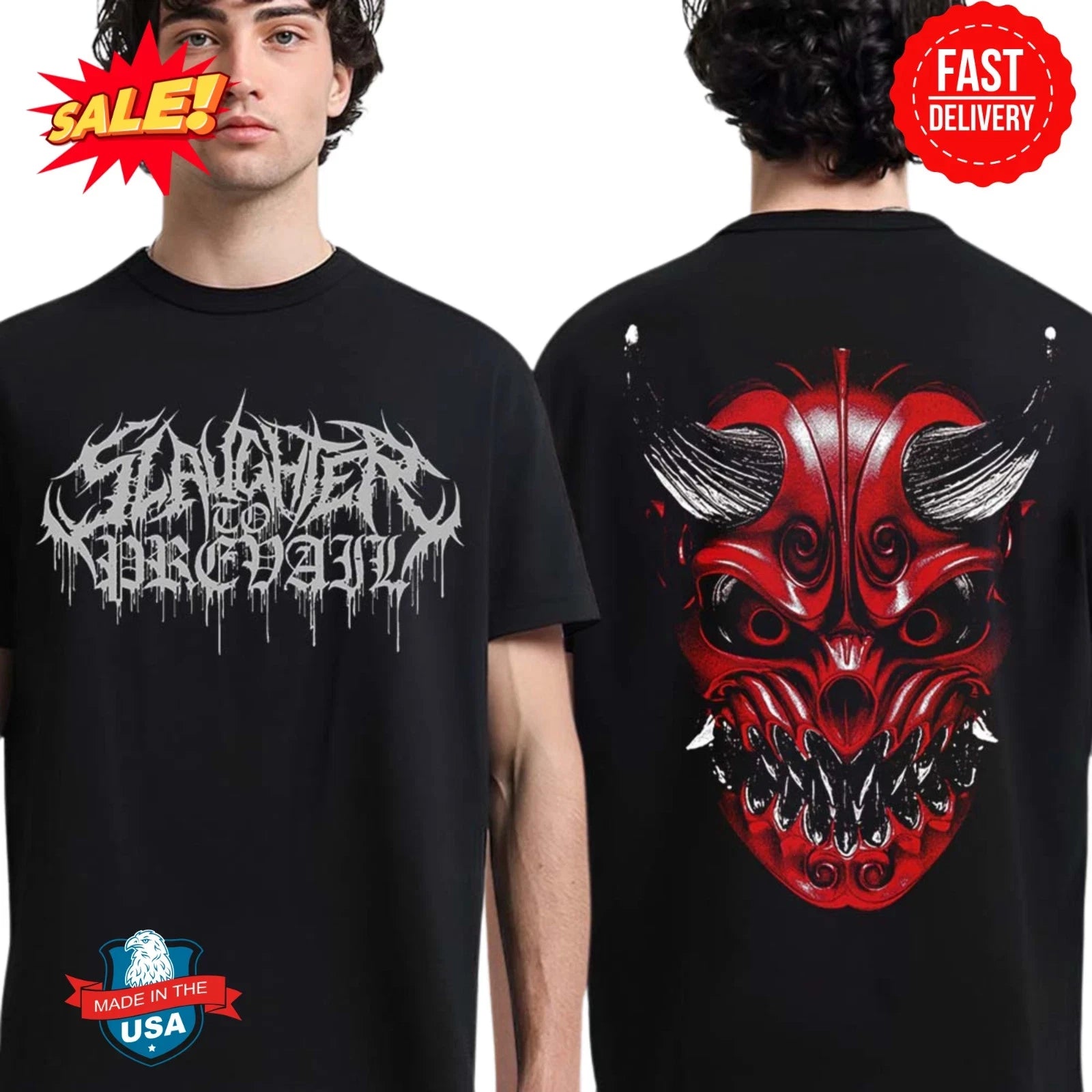 Slaughter To Prevail Merch Red Oni Mask Two Sided T-Shirt Unisex Full Size