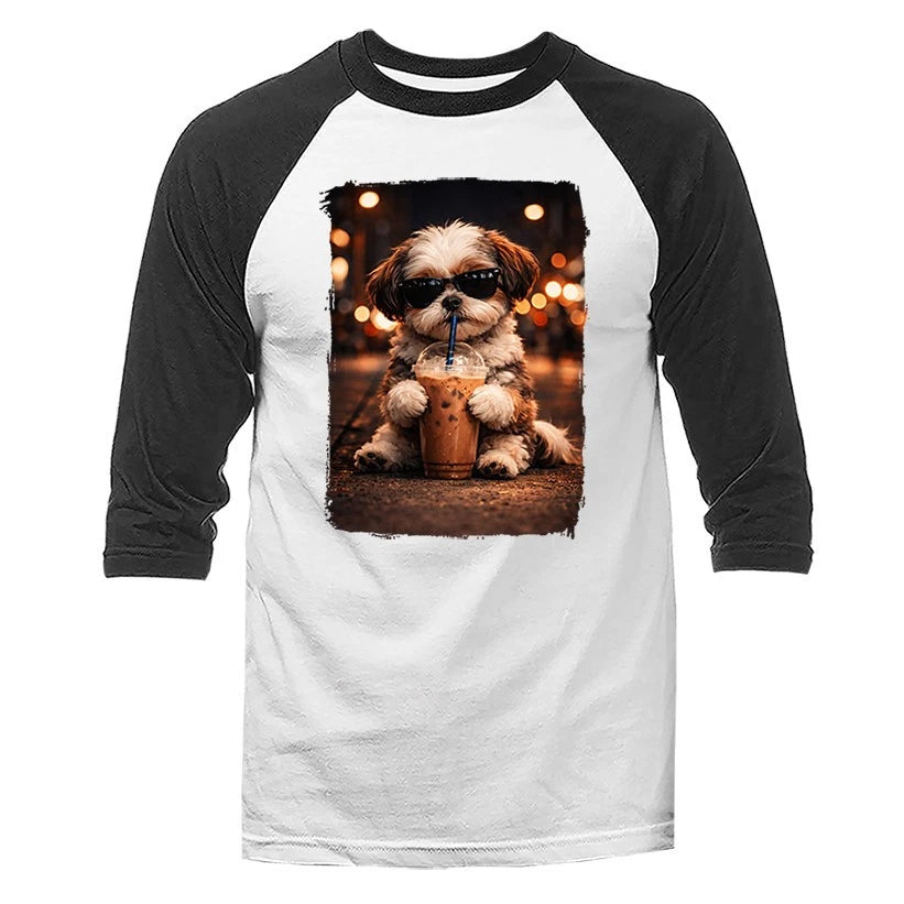 Tzu Drinking Coffee Funny Dog with Sunglasses 3/4 Sleeve Raglan