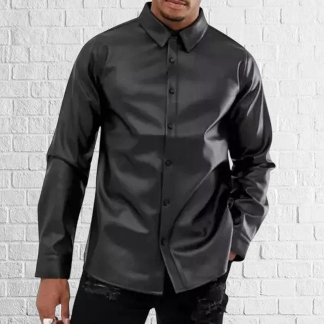 Street Style Vibe: Men’s Black Leather Button Shirt Biker Style