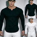 V Neck Long Sleeve Slim Fit Tee for Men Elastic Workout Base Layer Streetwear