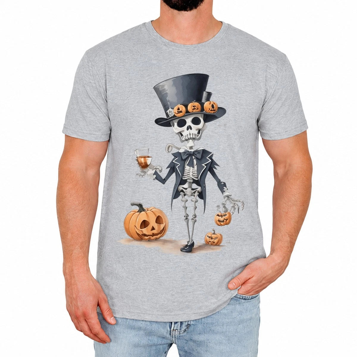 Dapper Skeleton Mens T-Shirt Halloween Pumpkin Spooky Funny Halloween Gift
