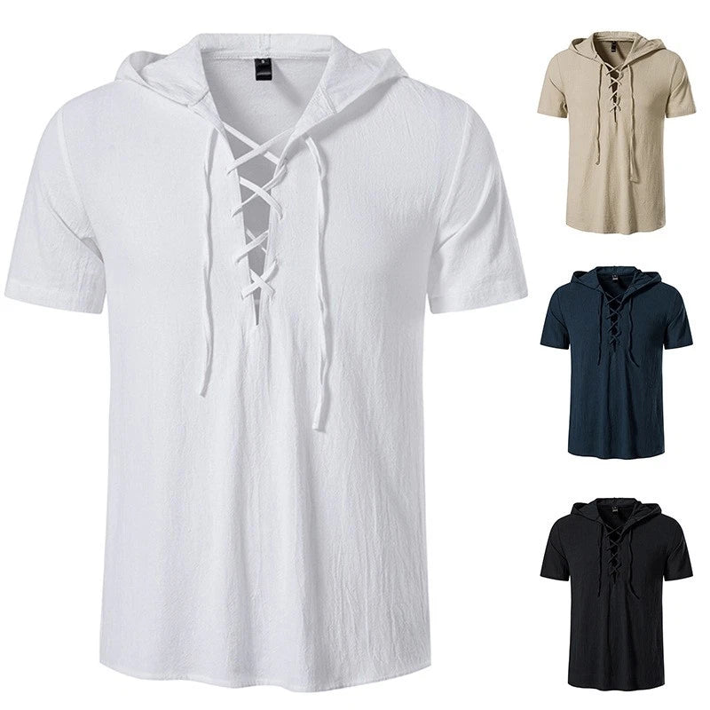 Men's Front Lace Up T-Shirt Hooded Shirt Basic Short Sleeve T-Shirt Summer Tops