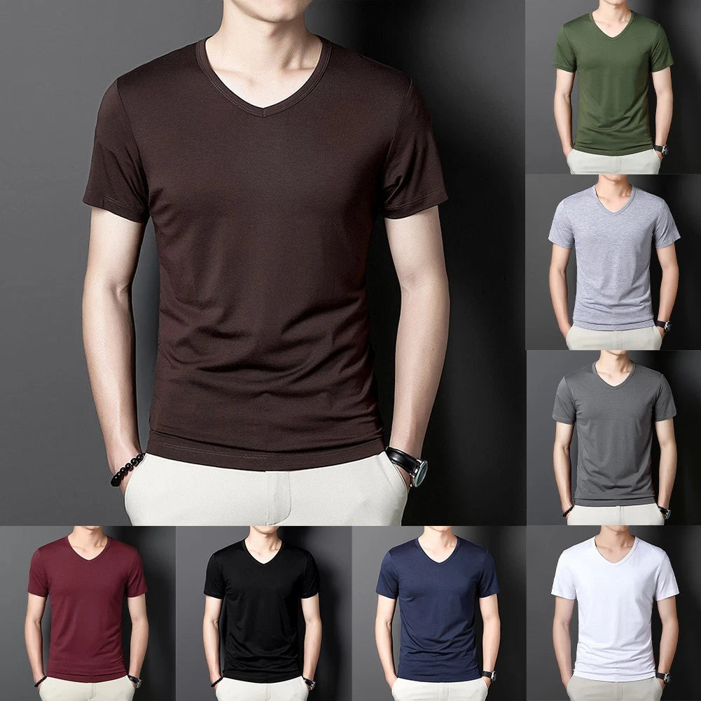 Men's V Neck Short Sleeve T Shirt Slim Fit Casual Pullover Bottoming Top Black