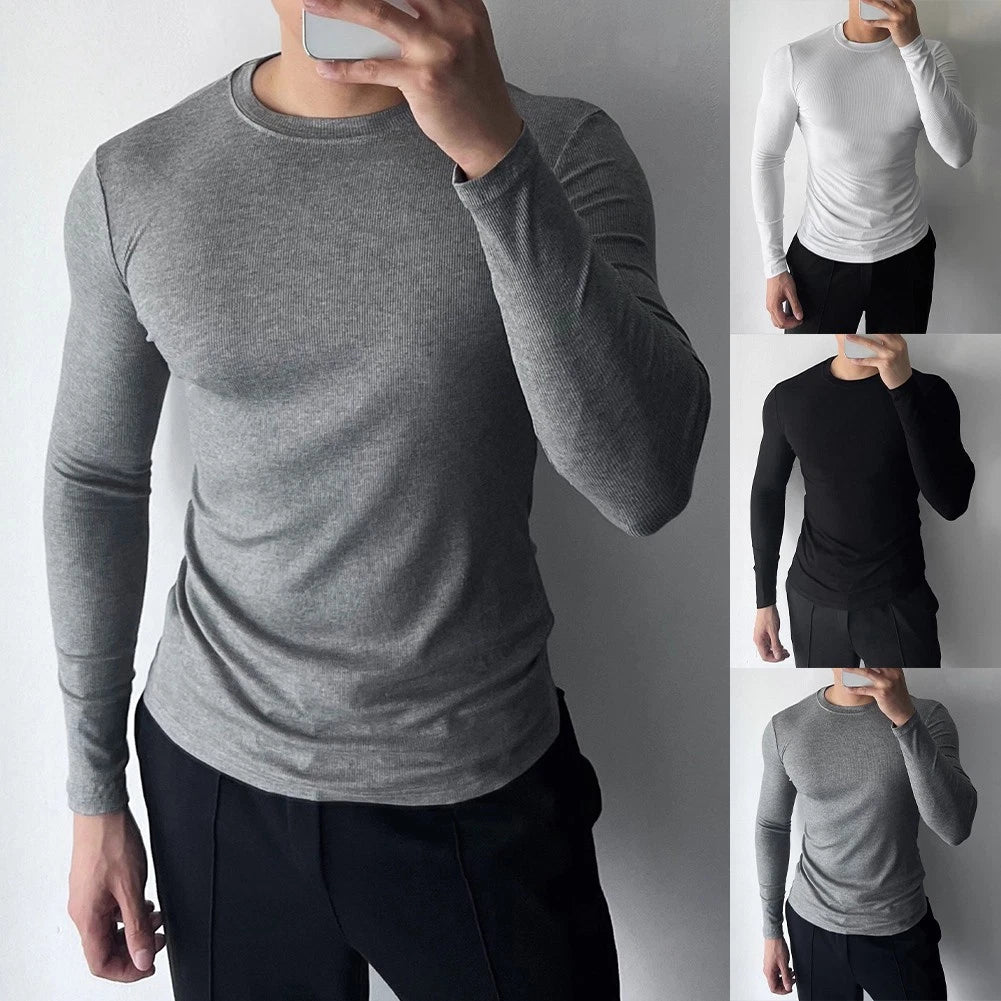 Men Ribbed Long Sleeve O Neck T Shirt Elastic Muscle Fitting Slim Layer