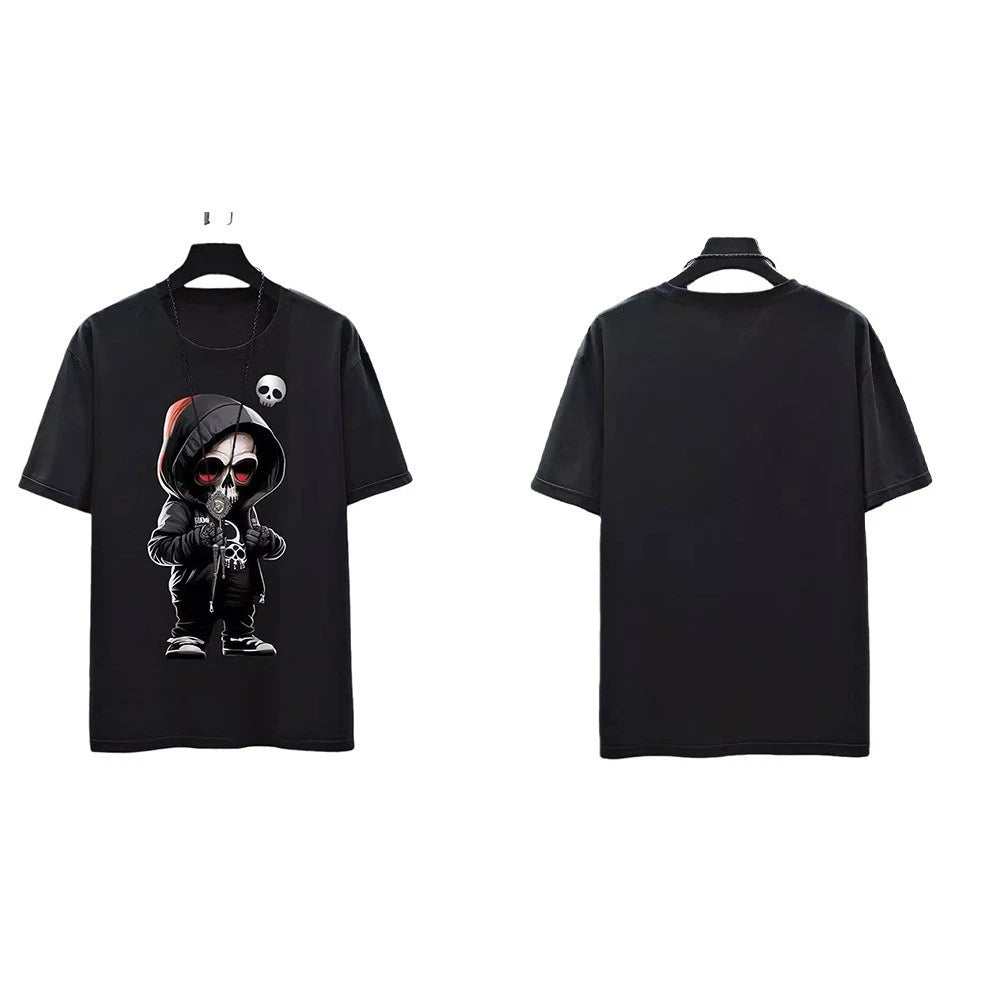 Mens breathable polyester black printed t shirt loose fit street style