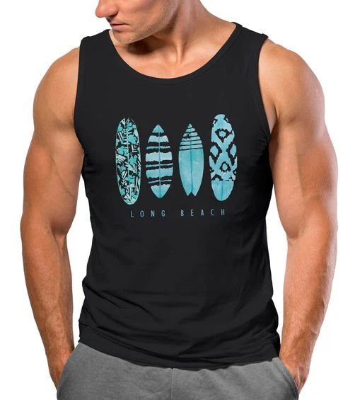 Mens Tank Top Surfing Fashion Print Long Beach Surfboard Summer Beach