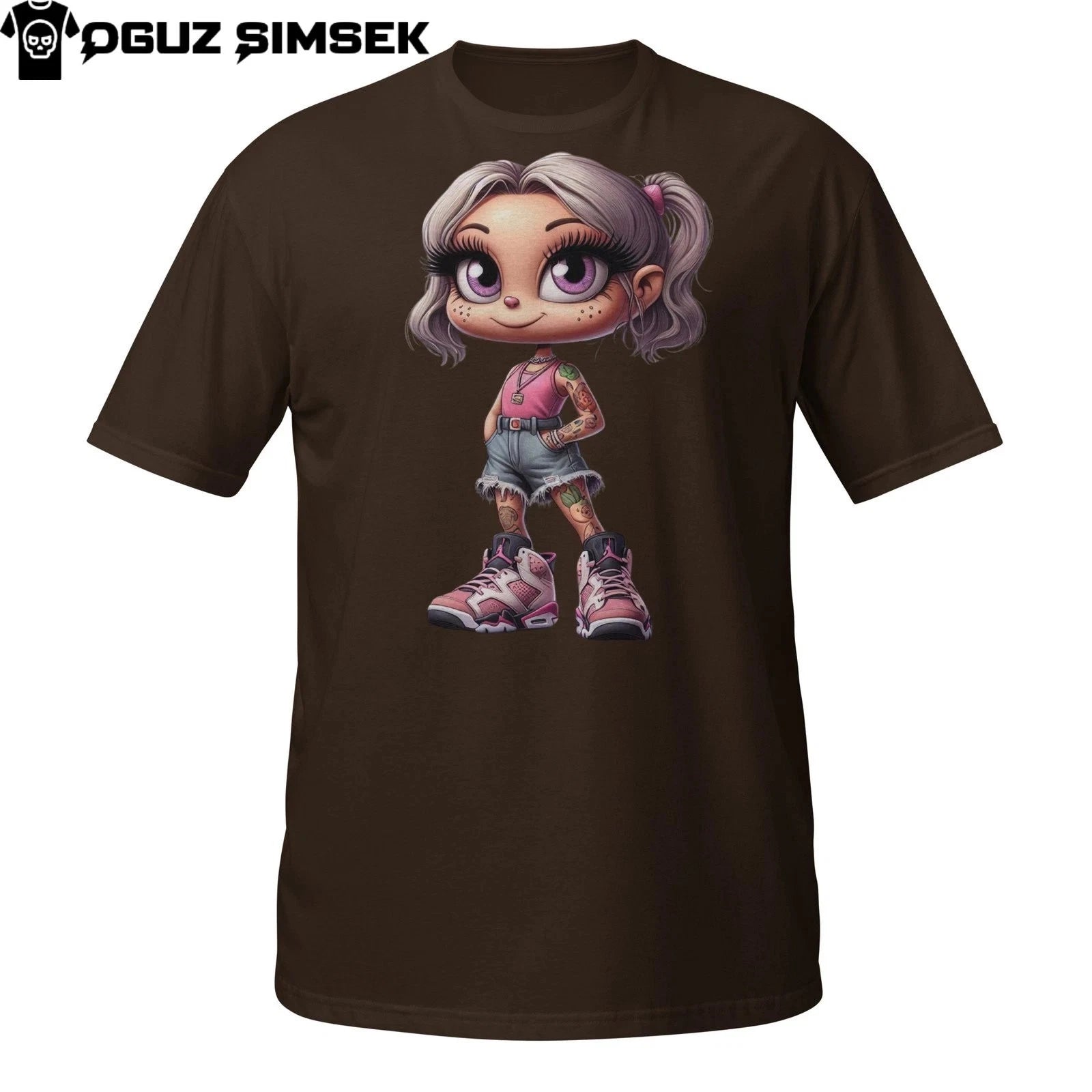 Cute Cartoon Girl T-Shirt – Urban Streetwear Style with Pink Sneakers