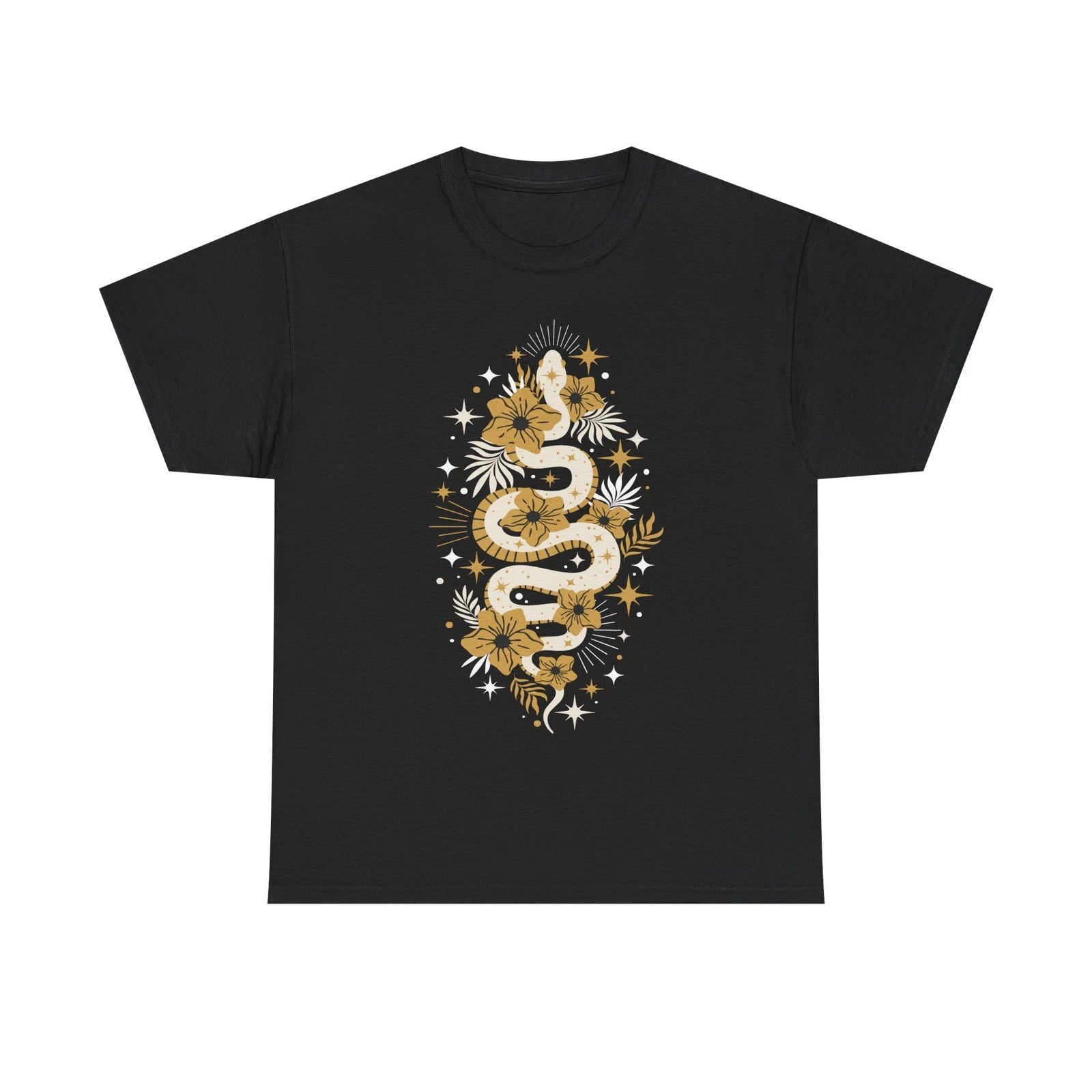 Boho Golden Snake Stars Flowers Tee Unisex T-Shirt Bohemian Festival Top Serpent