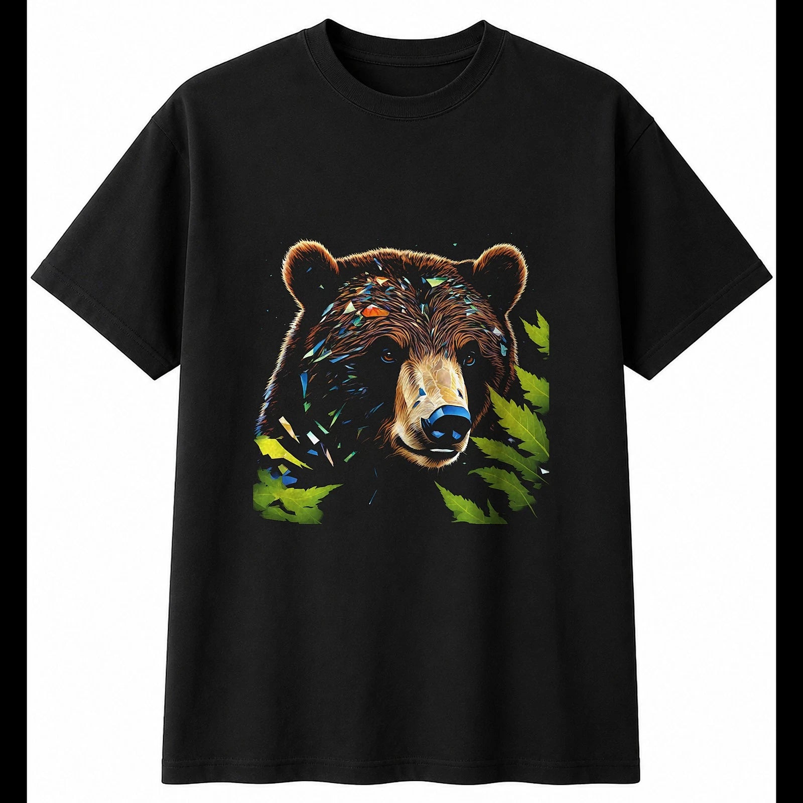 Botanical Bear Cub Shattered Cute Mens T-Shirt Black 100% Cotton Kawaii Unisex