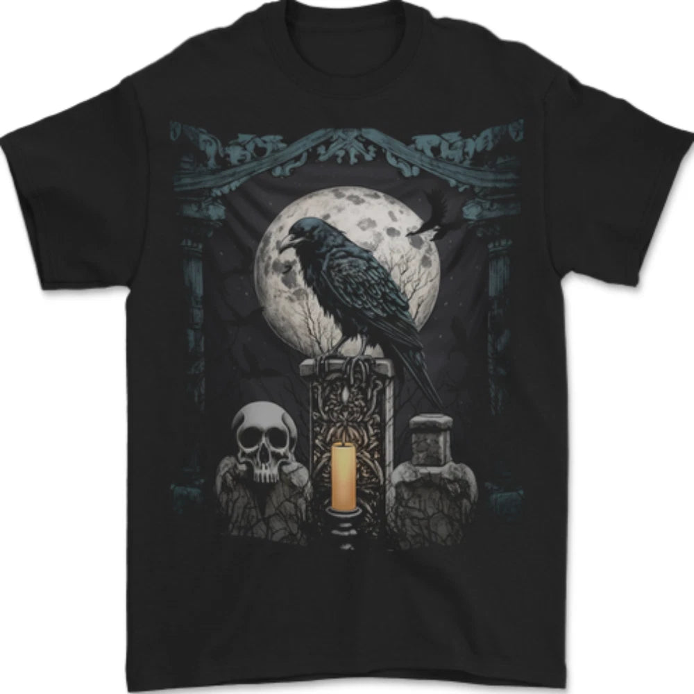 Gothic Skull and Crow With Arch and Moon Mens T-Shirt 100% Cotton