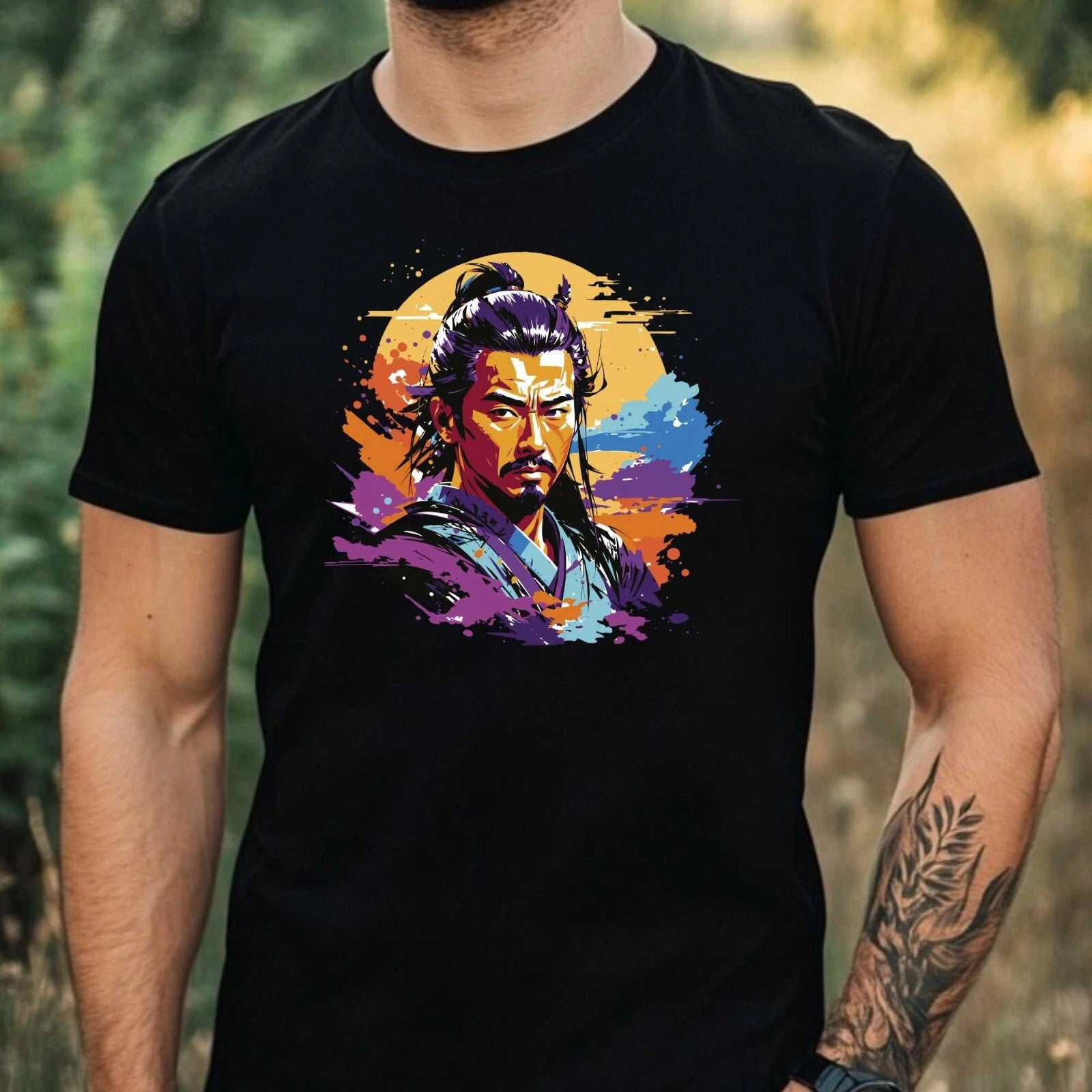 Mens Samurai Warrior Motif Cotton T-Shirt Size XS to 5XL