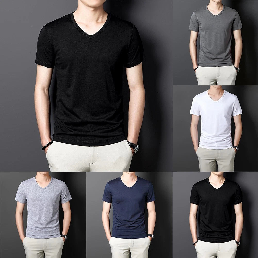 Mens Slim Fit Casual T Shirt V Neck Short Sleeve Solid Color Pullover Top