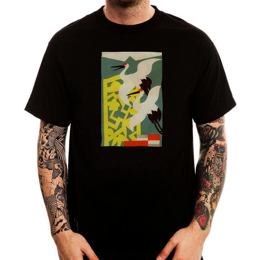 Japanese Retro Poster Crane Graphic Black Printed Cotton Men T-Shirt Top Tee
