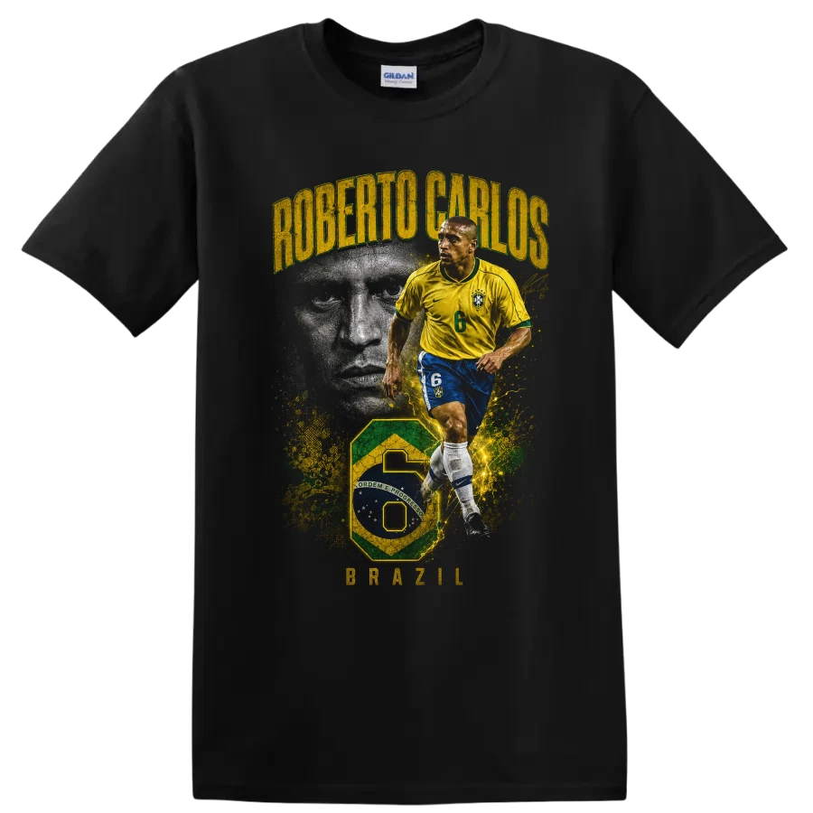 Roberto Carlos Brazil Soccer T Shirt Legend Action Portrait Tee w/ Brazil
