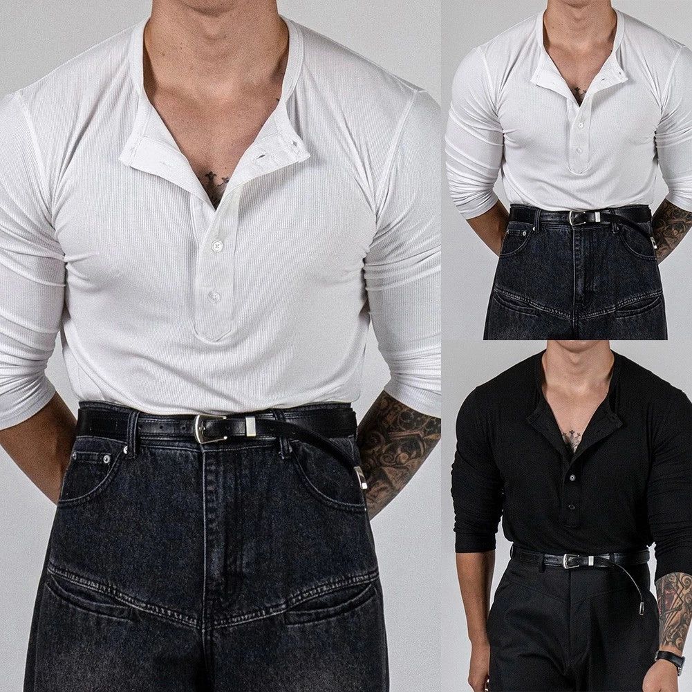 Men's Long Sleeve V Neck Athletic Top Ribbed Stretch Slim Fit Casual Shirt