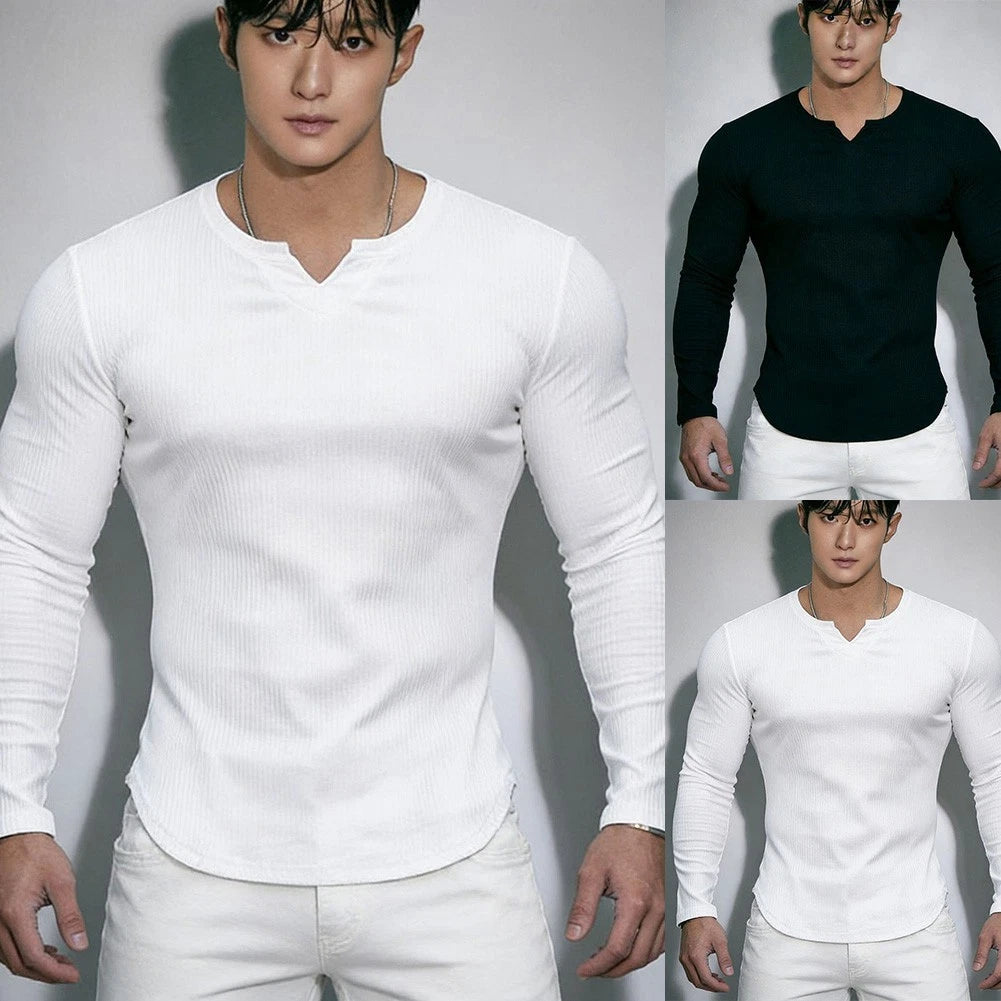 V Neck Elastic Long Sleeve Tee for Men Slim Fit Athletic Streetwear Base Top