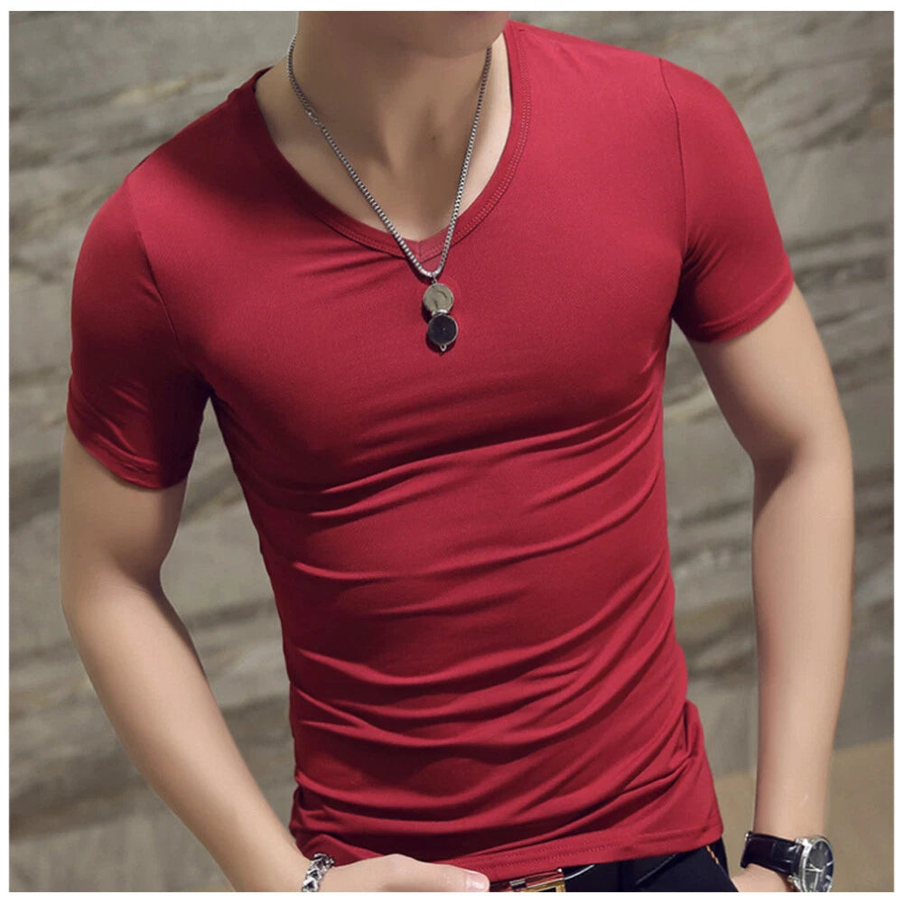 Summer T- Shirt Men's V Neck Tops Tee Shirt Slim Fit Short Sleeve Solid Color