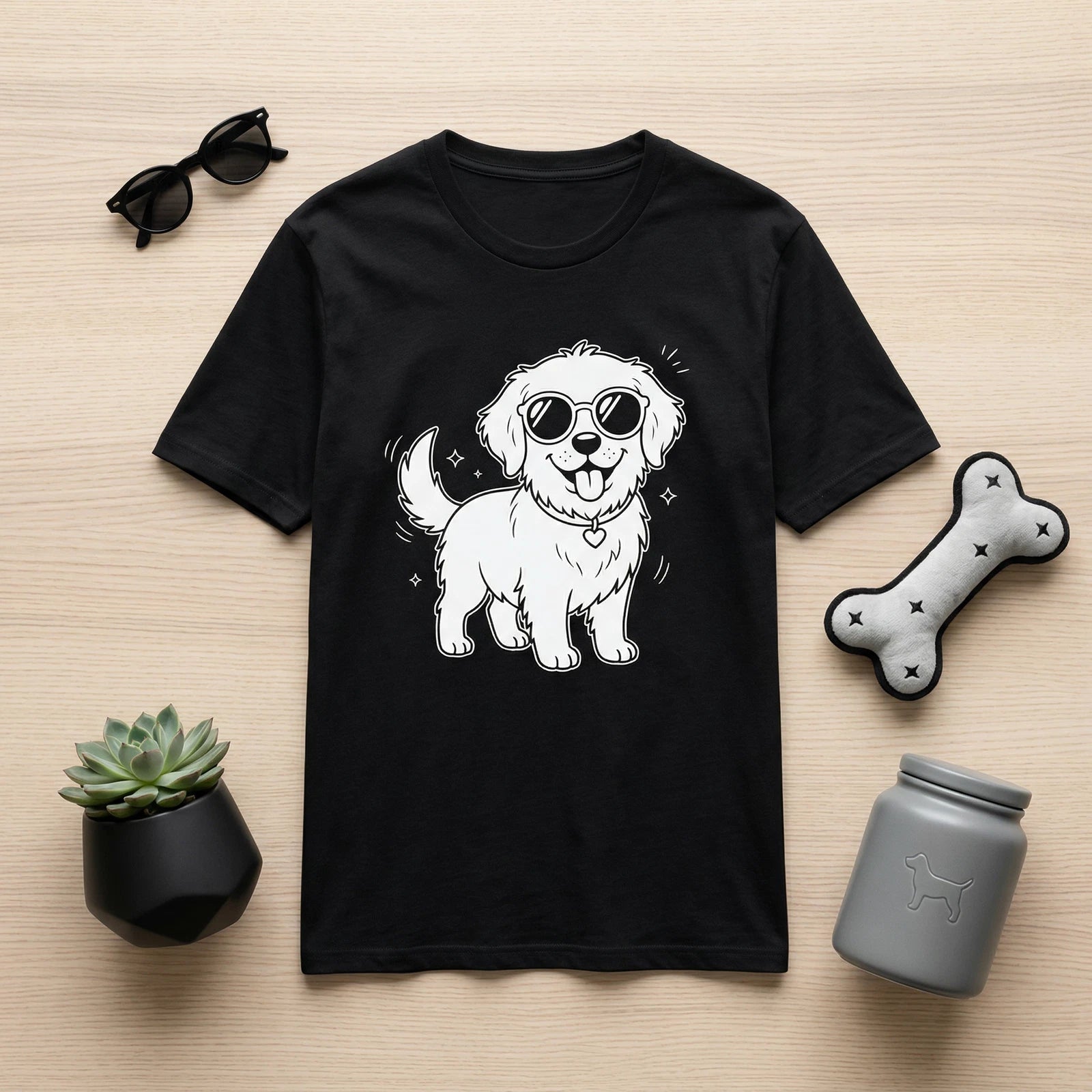 Cool Dog with Sunglasses Modern Minimalist Line Art T-Shirt