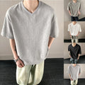Loose Short Sleeve Men T Shirt V Neck Solid Color Texture Casual Street Top