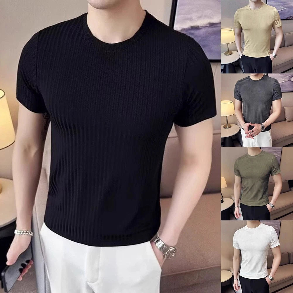 Slim Fit T-Shirt Breathable Ribbed Slim Fit Ribbed Stretchy Thin Ice Silk Fabric