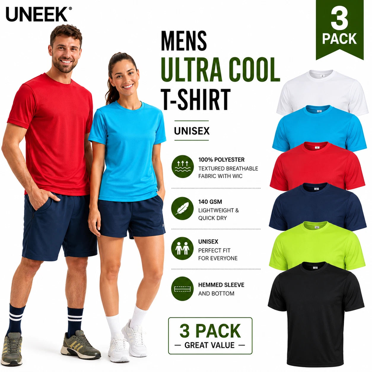 Mens  UNISEX  UC315 Ultra Cool T Shirt Short Sleeve 100% Polyester  Tee 3-Pack