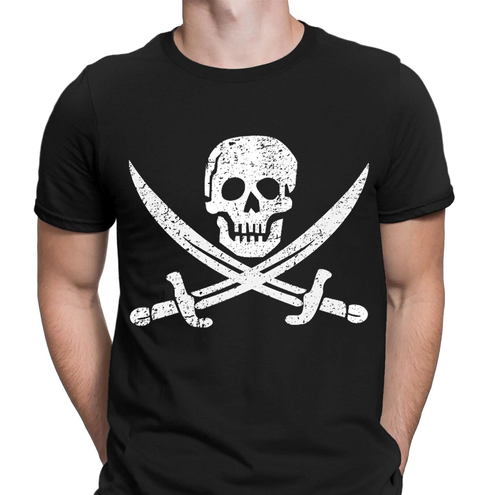 Pirate Jolly Roger Distressed Horror Skull Skeleton Mens T-Shirts Tee Top #D6