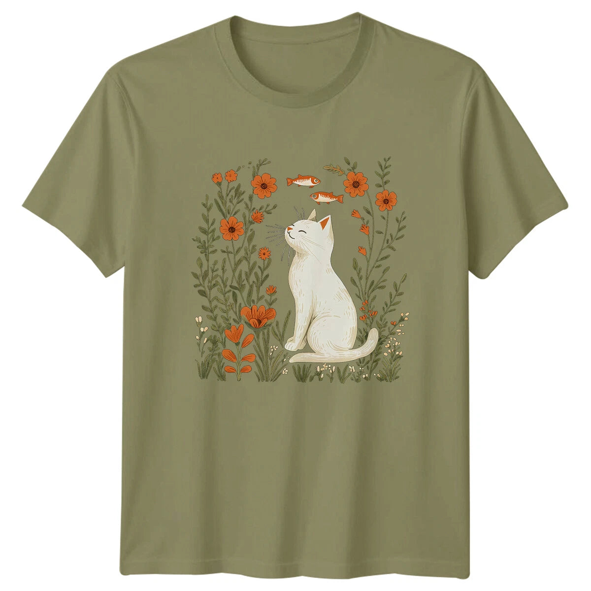 White Cat Flowers Mens T-Shirt Nature Lover Cute Kitten Graphic Tee