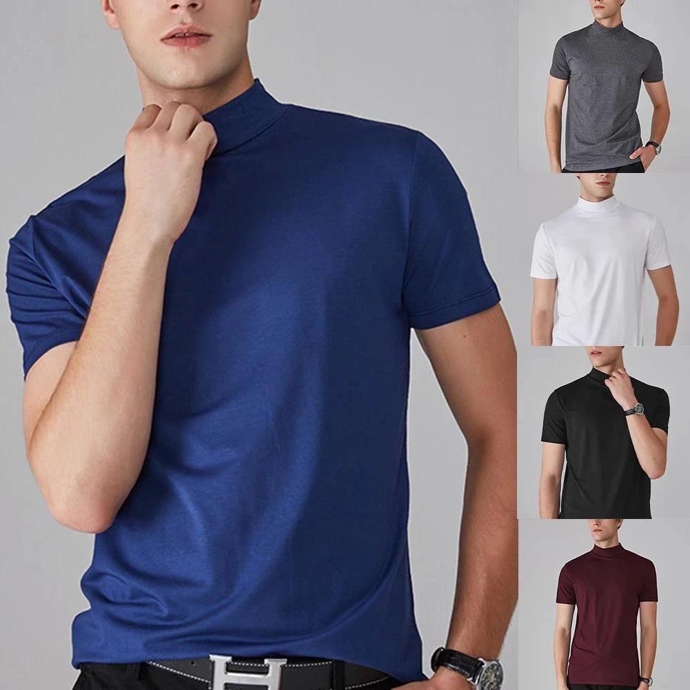 Slender Fit Men Short Sleeve T Shirt Half High Collar Solid Casual Base Shirt