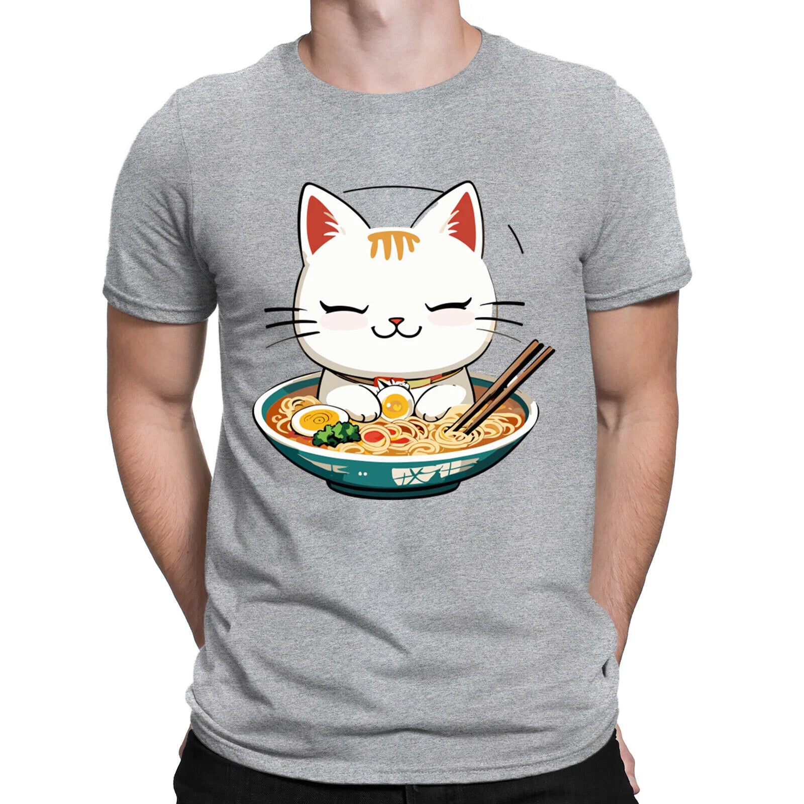 Ramen Cat Anime Japanese Kitten Eating Noodles Funny Mens Womens T-Shirts Top#D4