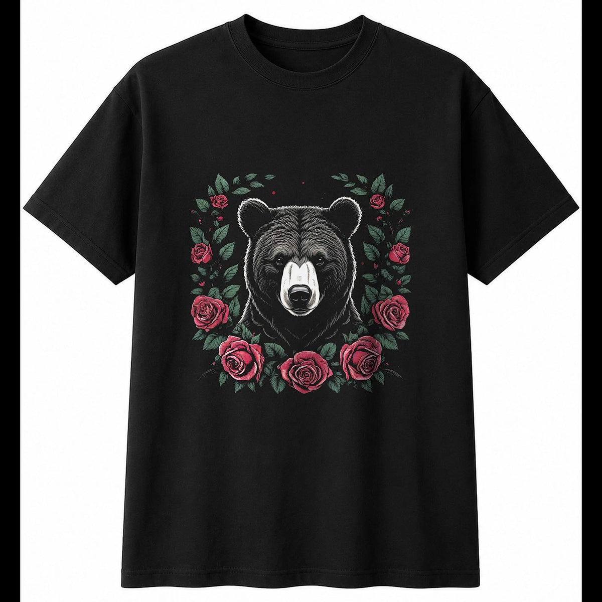Botanical Bear Cub with Roses Cute Mens T-Shirt Black 100% Cotton Kawaii
