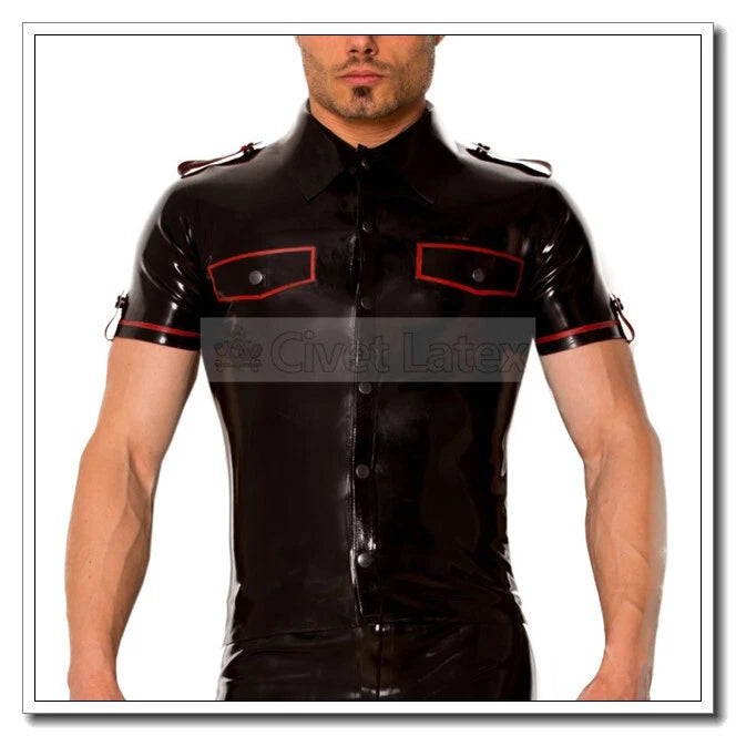 Latex Slim Shirts Men's Short Sleeves Fake Pockets with Shoulder Girdles H10-1