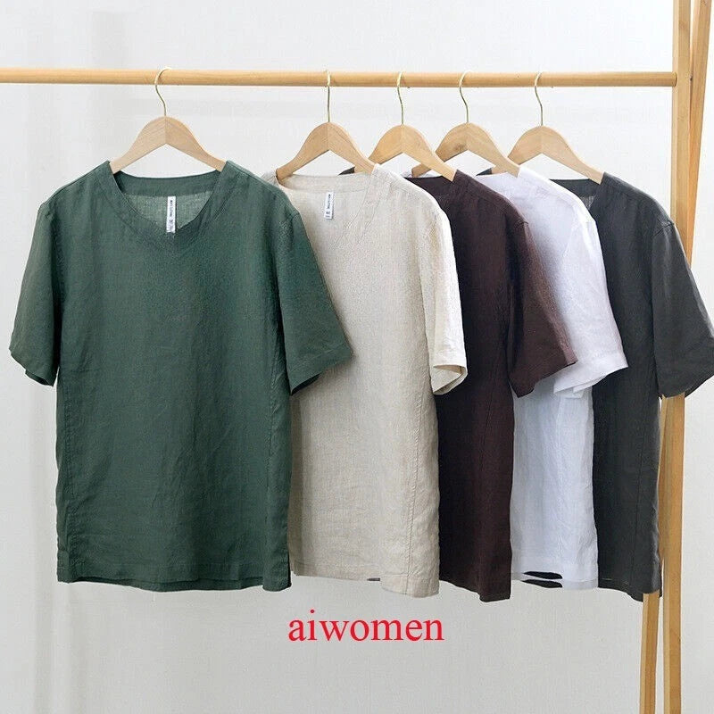 Men 100% Linen V Neck T-shirt Retro Summer Short Sleeves Tops Casual Undershirt