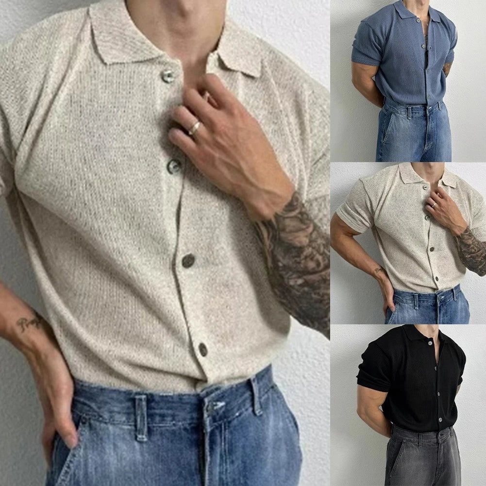 Men's Knitted Short Sleeve Slim Fit T Shirt Casual Streetwear Lapel Design