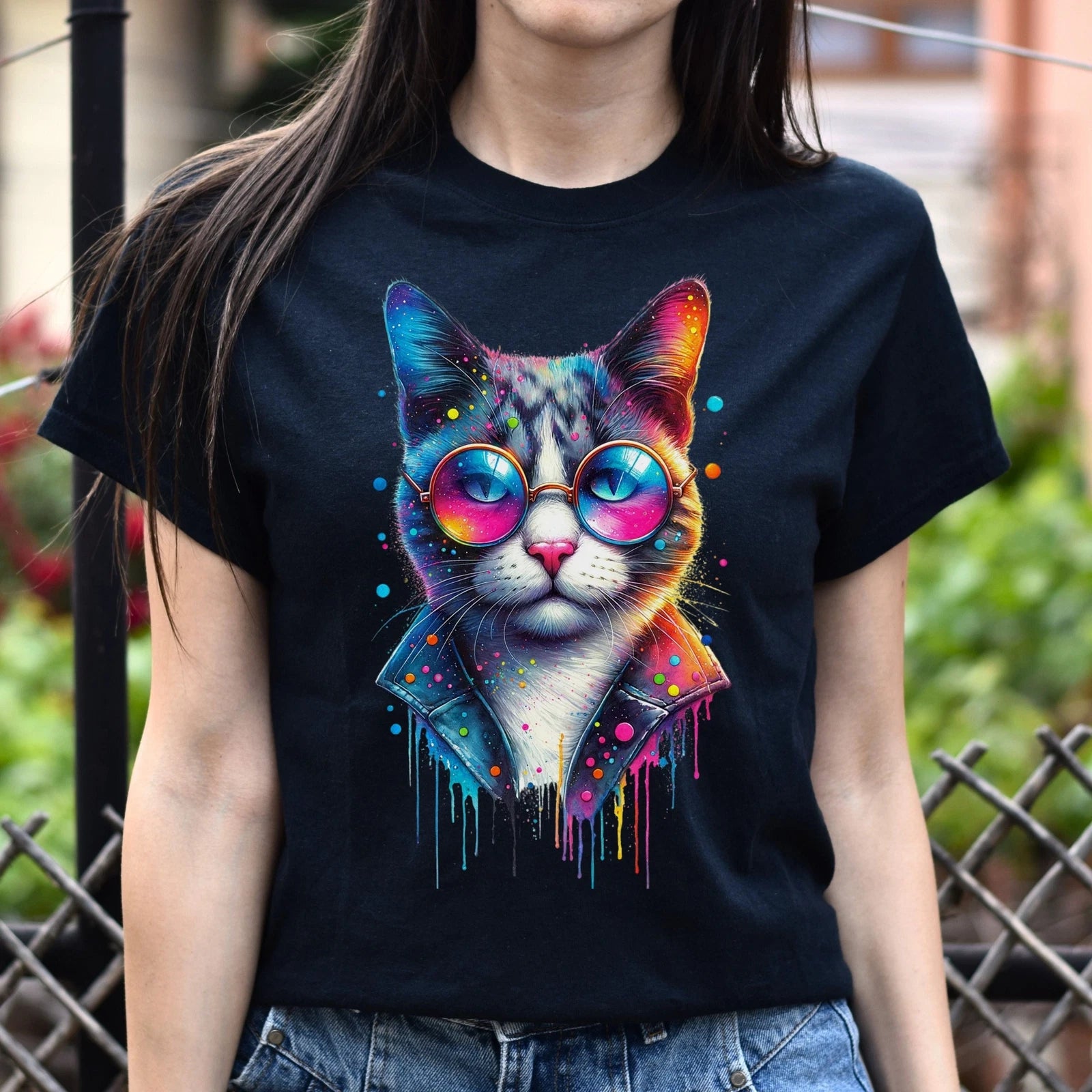 Cool cat with eyeglasses Color Splash Unisex T-shirt Black Navy Dark Heather