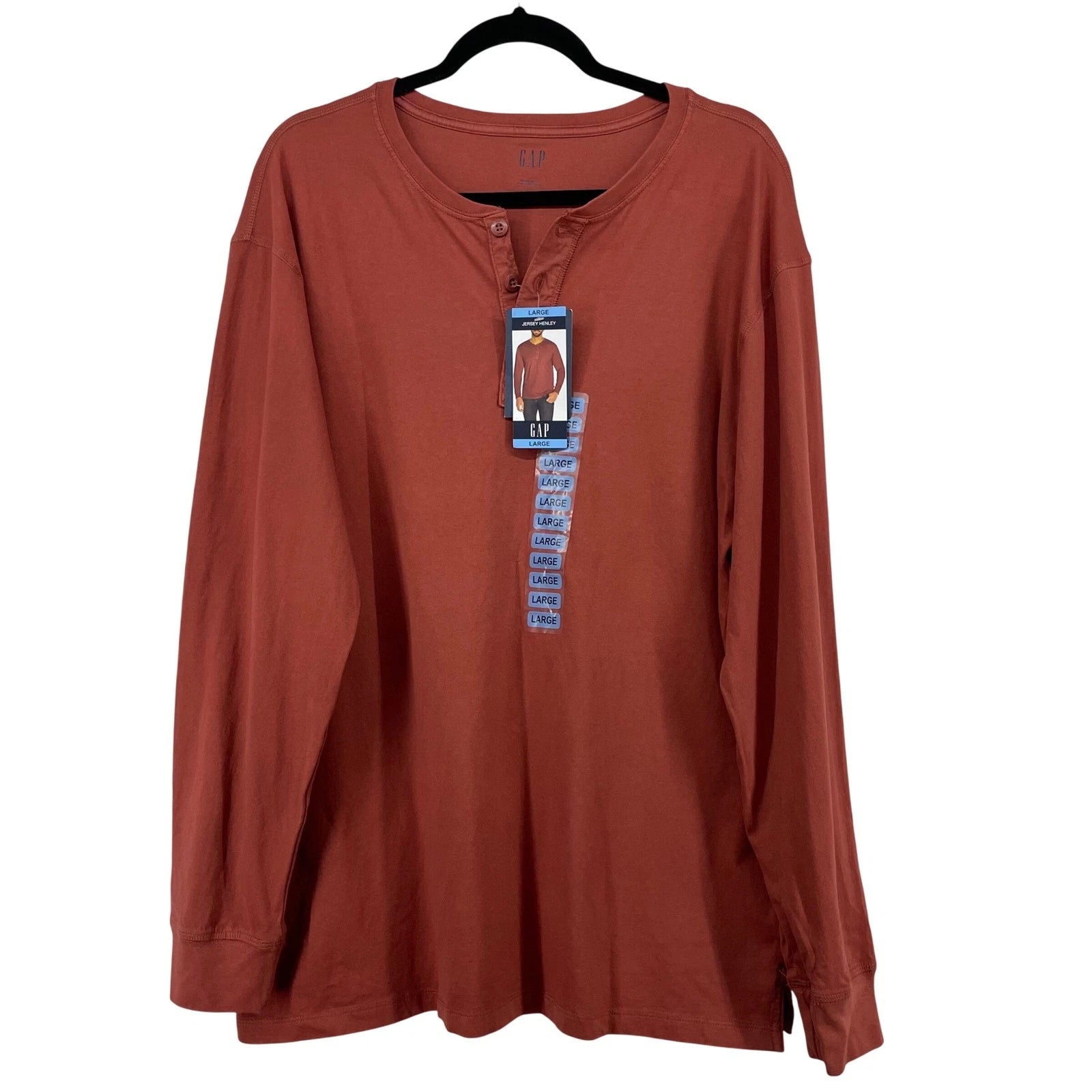 GAP Size Large Jersey Henley Burnt Orange Long Sleeve Cotton Casual Mens NEW