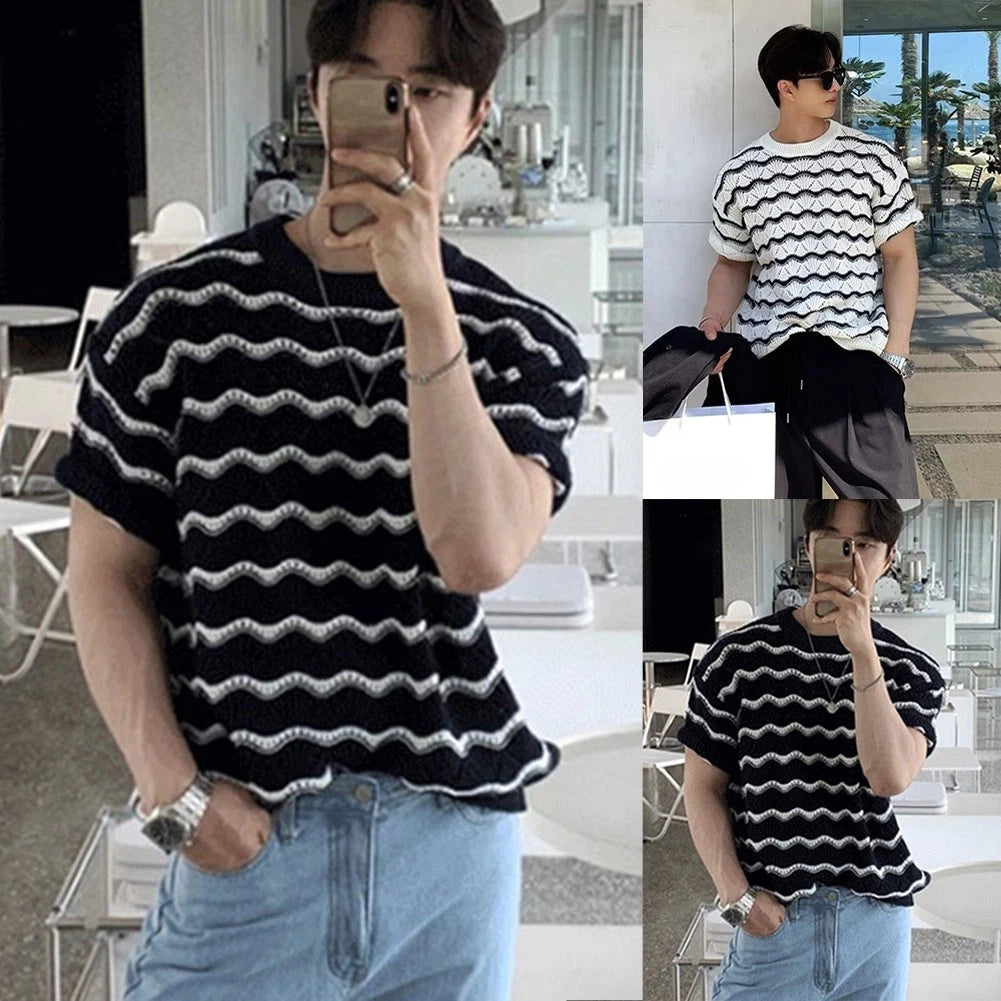 Men Casual Short Sleeve T Shirt Retro Wave Jacquard Knit Korean Streetwear