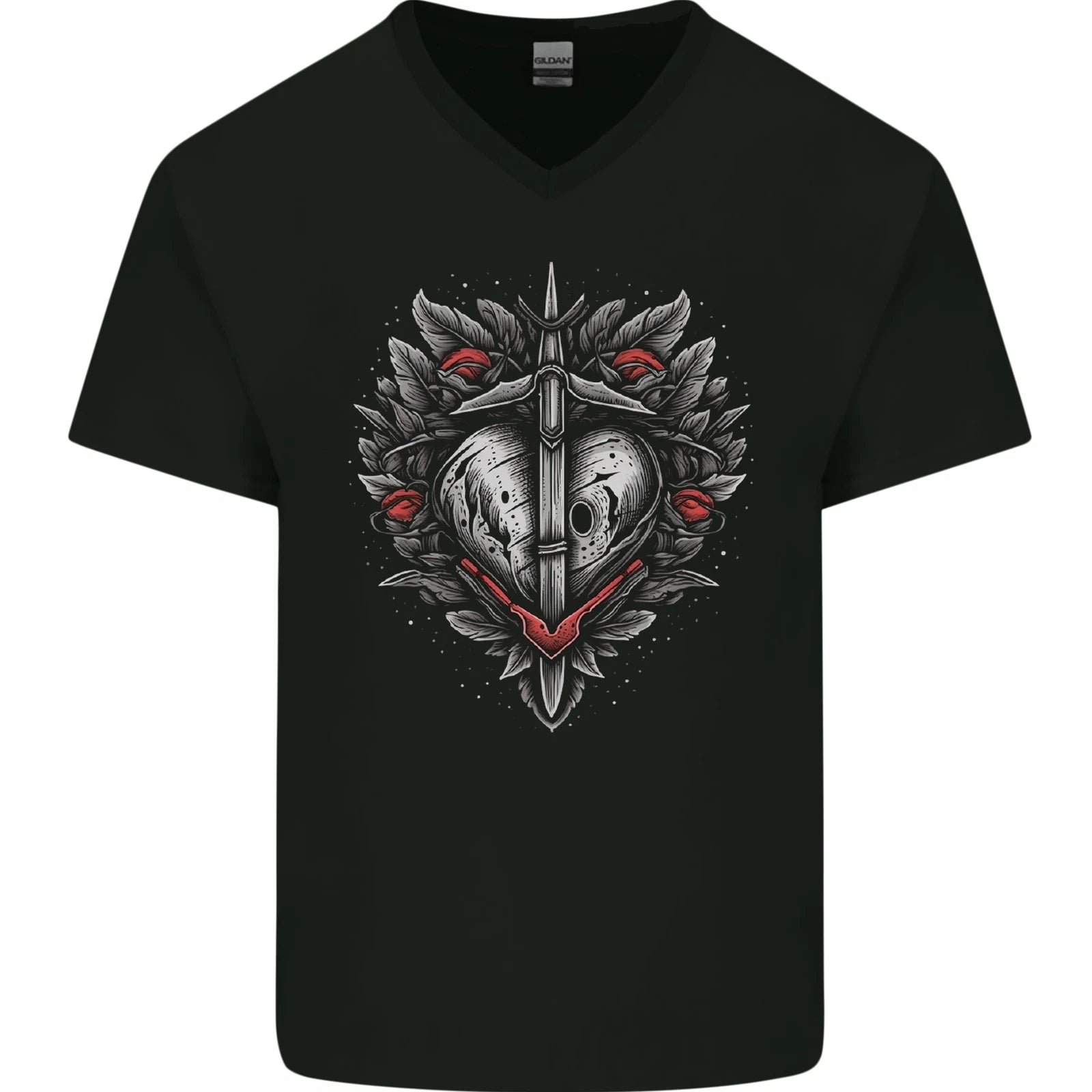Fantasy Heart & Sword Mens V-Neck Cotton T-Shirt