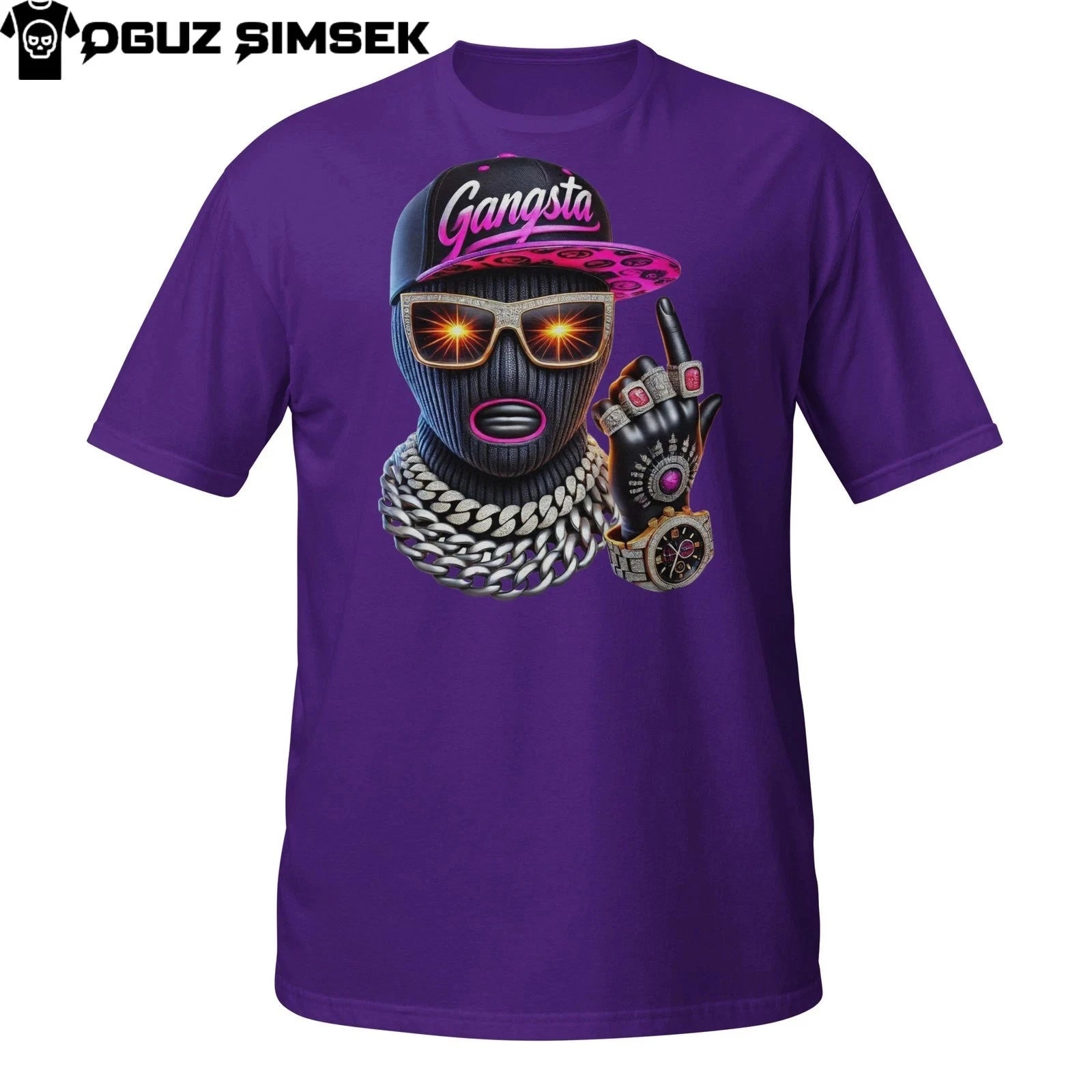 Gangsta Mask T-Shirt – Neon Urban Woman with Chains & Middle Finger