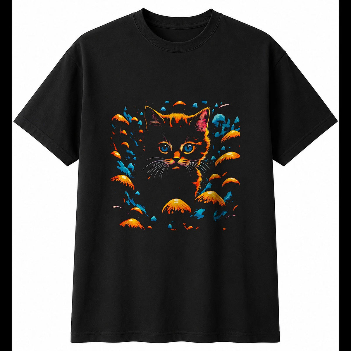 Kitten with Mushrooms Cat Mens T-Shirt Black 100% Cotton Adorable Printed Kawaii