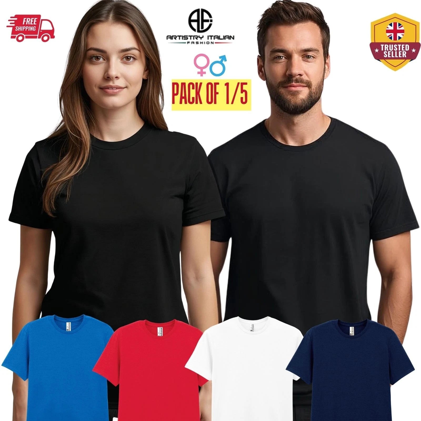 Single or 5 Pack Plain T Shirts 100% Cotton Mens Womens Unisex Short Sleeve Tops