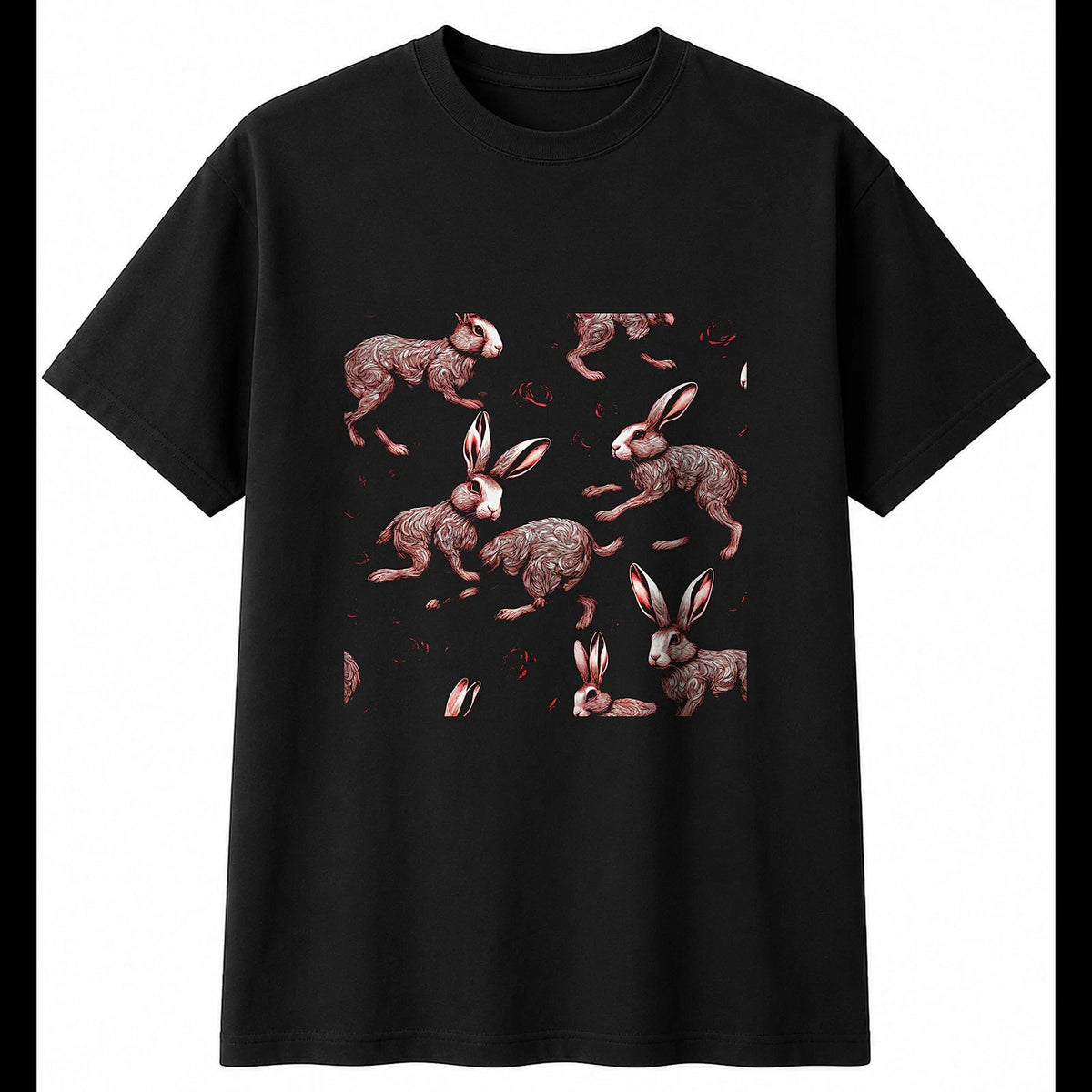 Detailed Flemish Giant Rabbit with Roses Cute Mens T-Shirt Black 100% Cotton