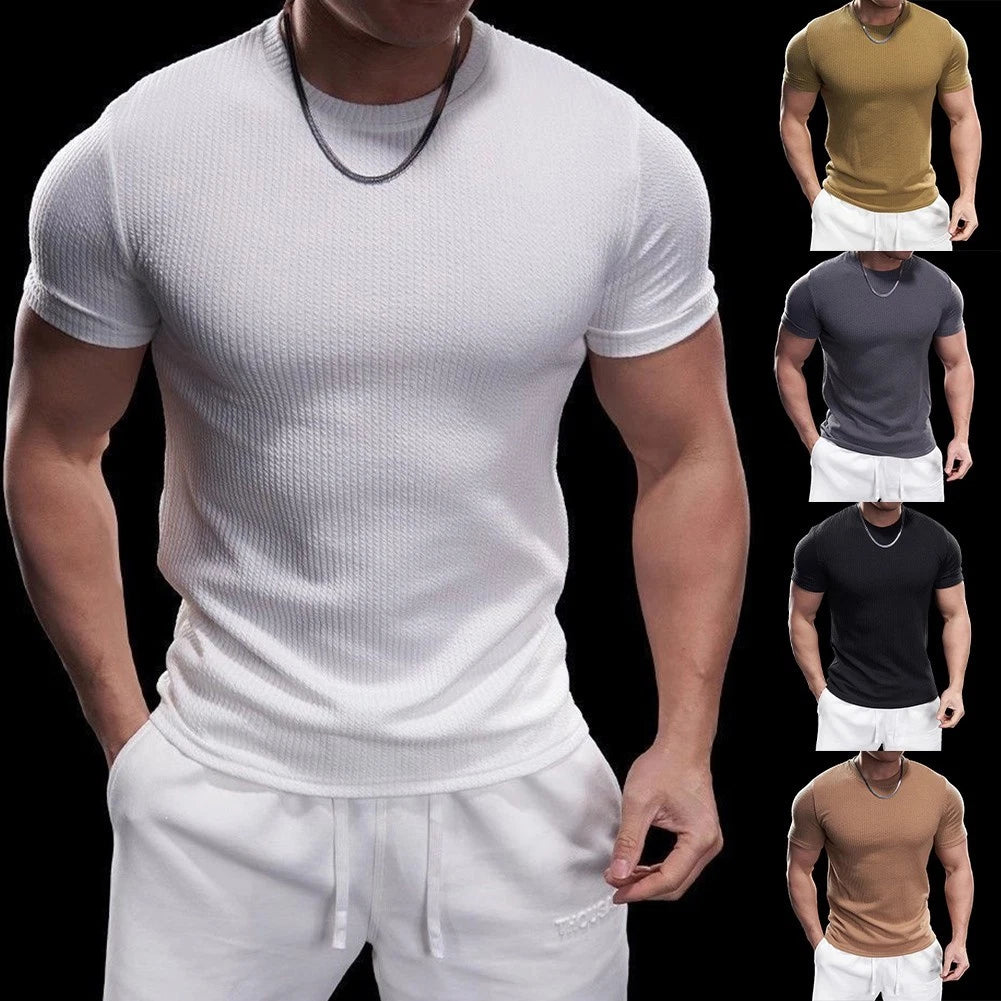 Men Fitness T-shirt Round Neck Sportswear Elastic Fabric Solid Color Pattern