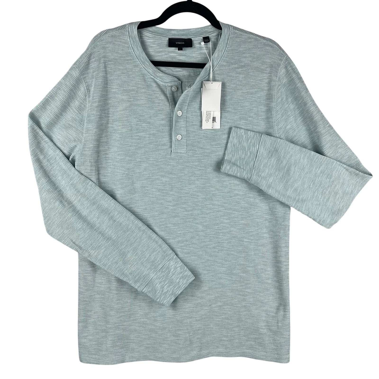 NWT Vince Mens Slub Thermal Henley SZ L Color Sea Blue Waffle Knit Long Sleeve