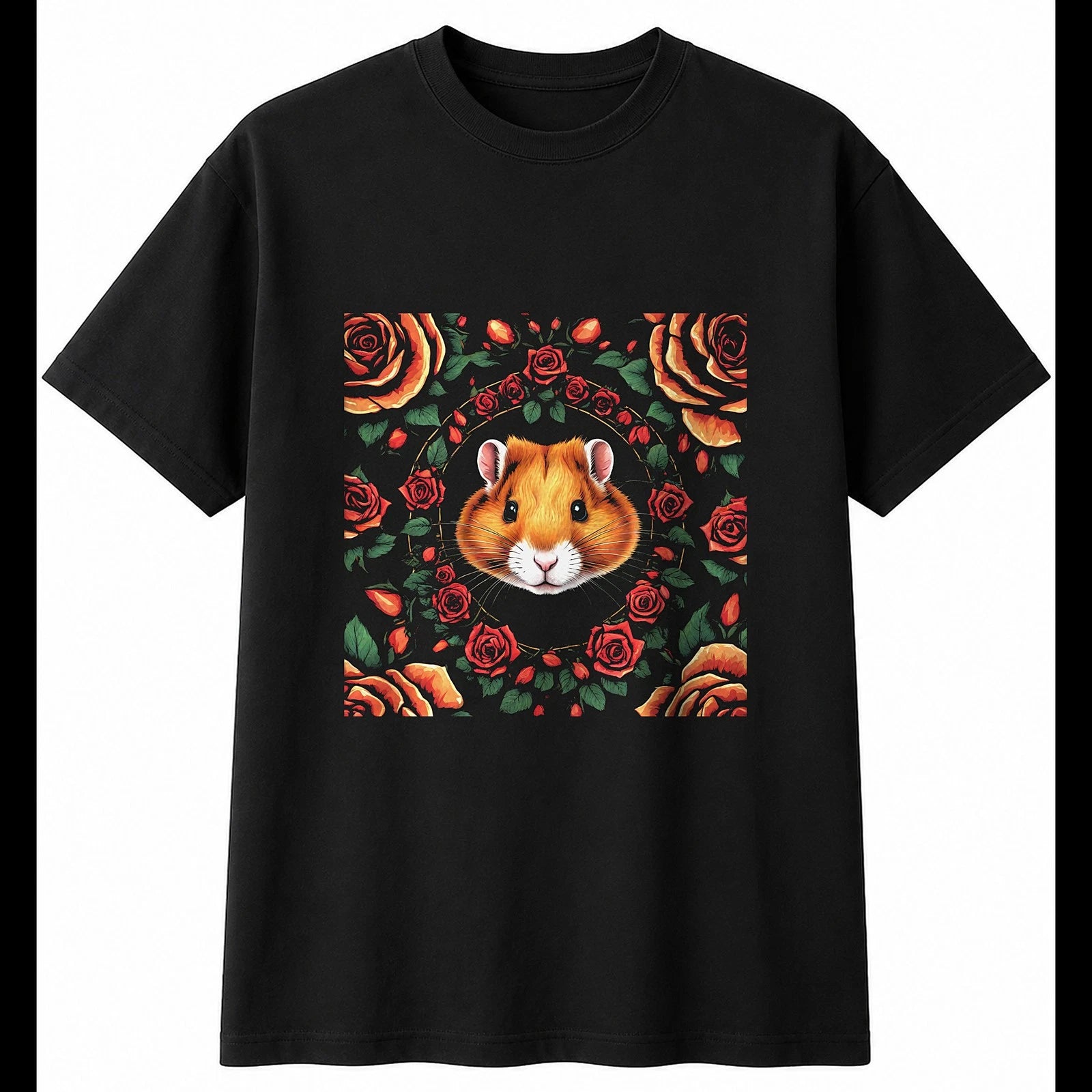 Detailed Syrian Hamster with Roses Cute Mens T-Shirt Black 100% Cotton Kawaii